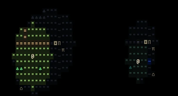 The same stretch of map by day and by night. By day the plains around the player are bright green, with the town, the proving ground, an old ruin and a lone cottage marked. By night only a small dim circle of the country can be seen.