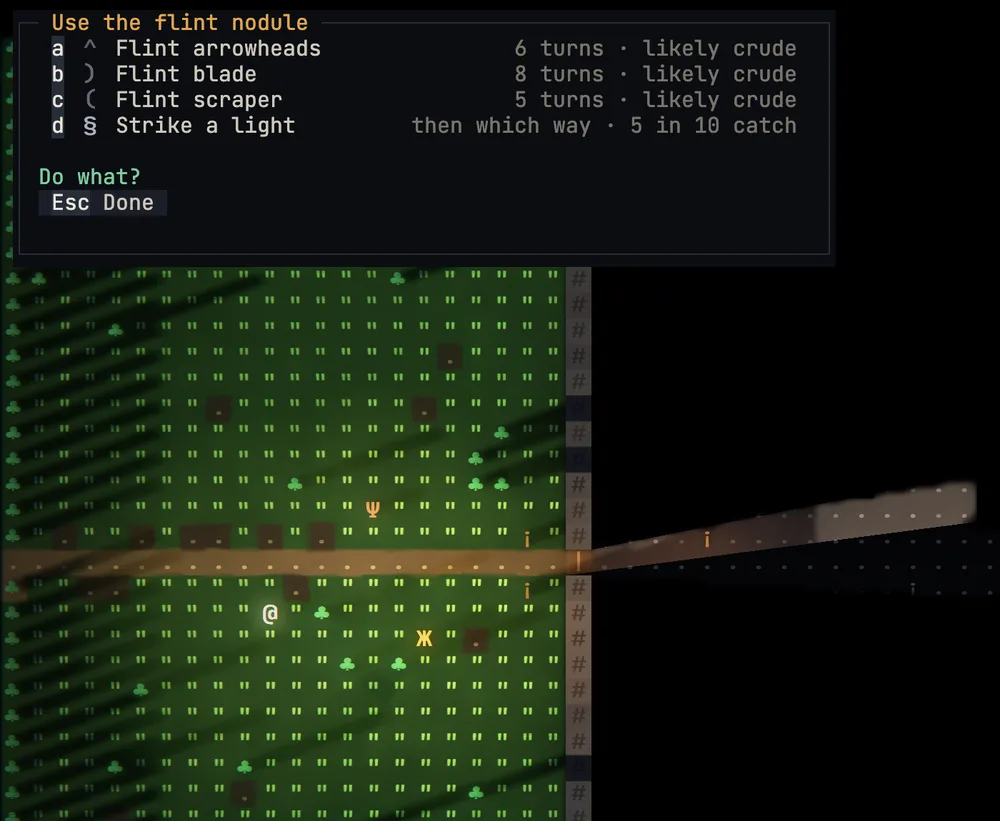 Outside the town gate at dusk: a panel lists what a flint nodule can do here, arrowheads, a blade and a scraper with their turns and likely grades, and striking a light, five times in ten.