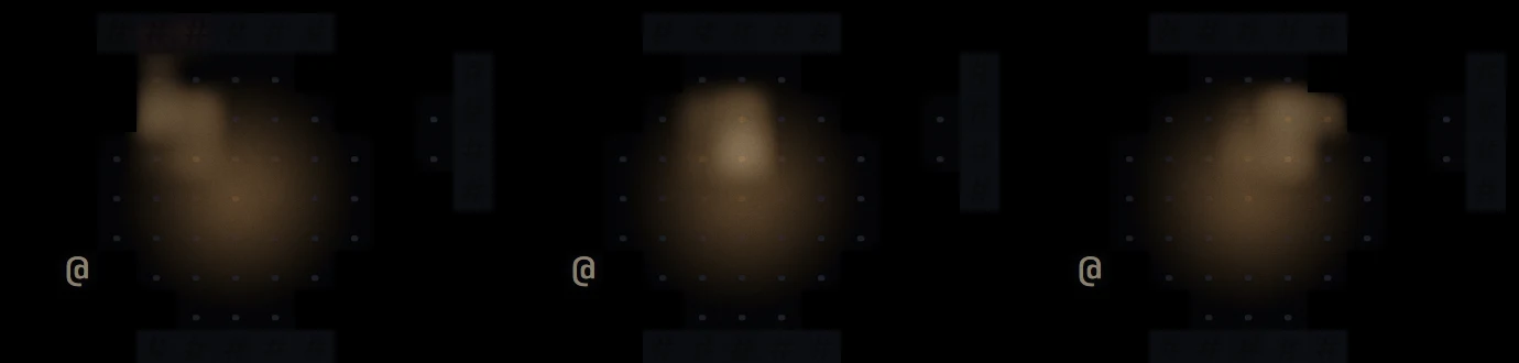 A dug cellar under a one-cell hole, three times on one day: the patch of sunlight on the floor sits to the north-west in the morning, to the north at noon and to the north-east in the afternoon, with a soft glow spreading around it.