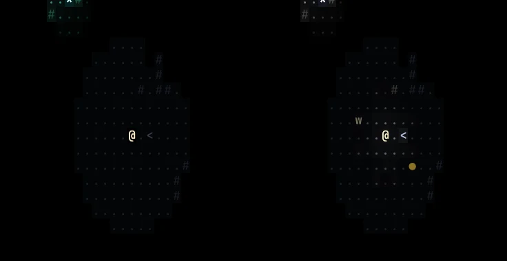 Two views of the same dark cave. On the left, without a torch, the player sees only remembered floor. On the right, after three changes, a wolf shows nearby in the player's own faint light and a warm orange dot marks a creature unseen in the dark.
