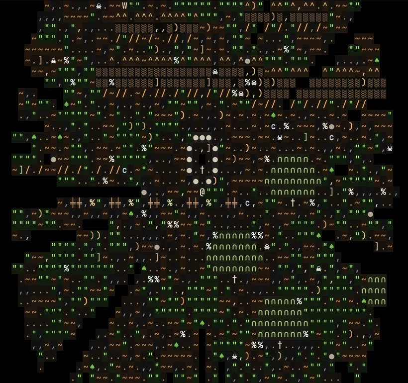 The heart of an old battlefield by day: churned brown mud between patches of grass, two trench lines with sharpened stakes, green barrow mounds, a line of burned wagons with horse bones between them, the stone ring of the commander's cairn, and broken spears, swords, shields, bones, skulls and crows scattered all around.