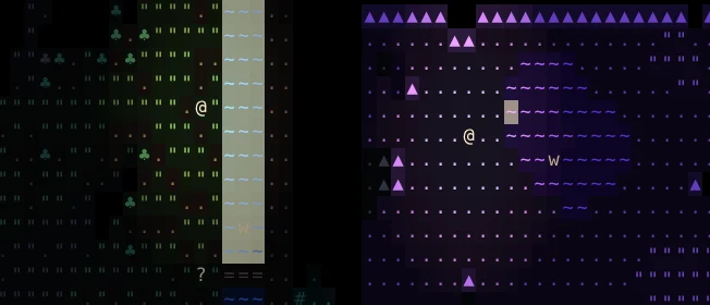 Two scenes side by side. Left: at night, lightning lights up a whole river and the wolf wading downstream. Right: under a violet sky, the same throw lights a single cell of a lake, and the wolf in the water beyond is untouched.