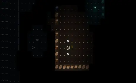 A lit stone room in the ruins. The player stands in the middle of a short line of salt, drawn as white crosses above and below them.