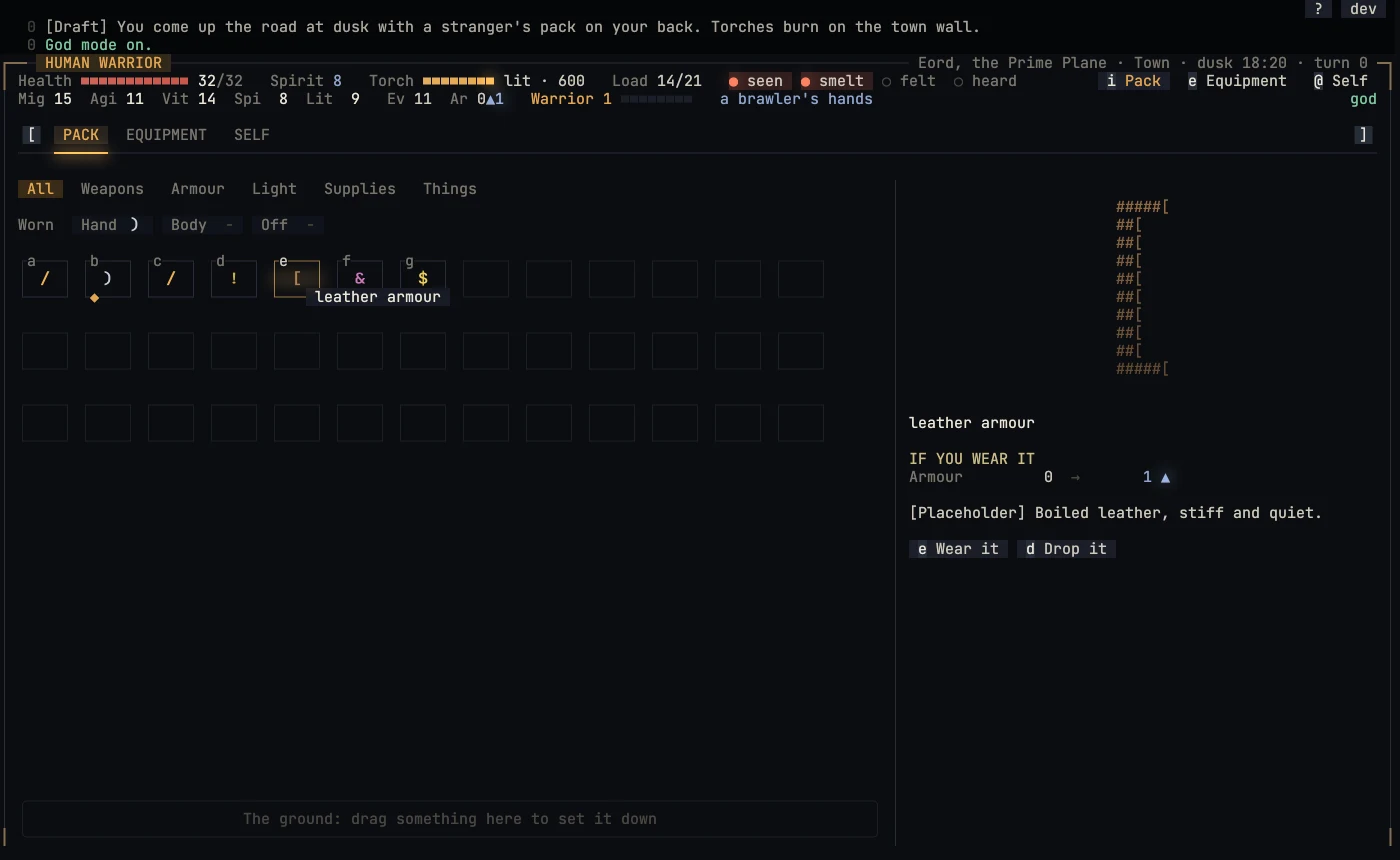 The card risen over the map: status lines along its top, the pack's grid of things, and leather armour picked, showing Armour 0 to 1 if you wear it.