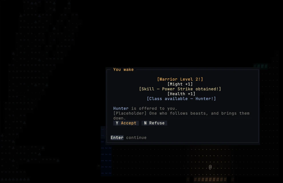 A box titled You wake over the dark ruins at night, announcing Warrior Level 2, Might +1, the skill Power Strike, Health +1, and the Hunter class offered, with Accept and Refuse buttons.